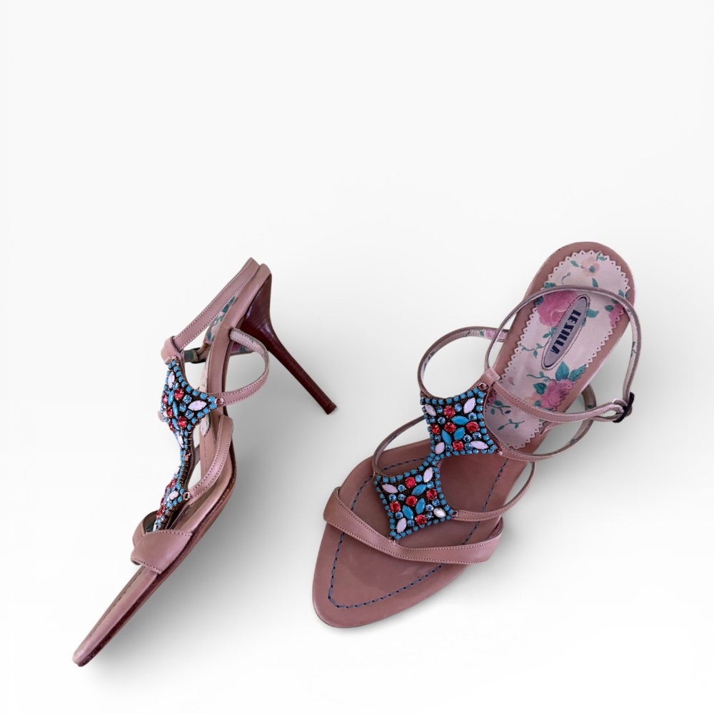 Le Silla Crystal Strappy Heels Nude Leather Italian Designer EU 39.5 / US 9-9.5